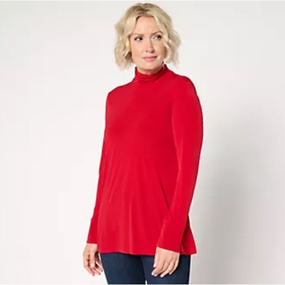 Susan Graver Red liquid knit ruched neck turtleneck M